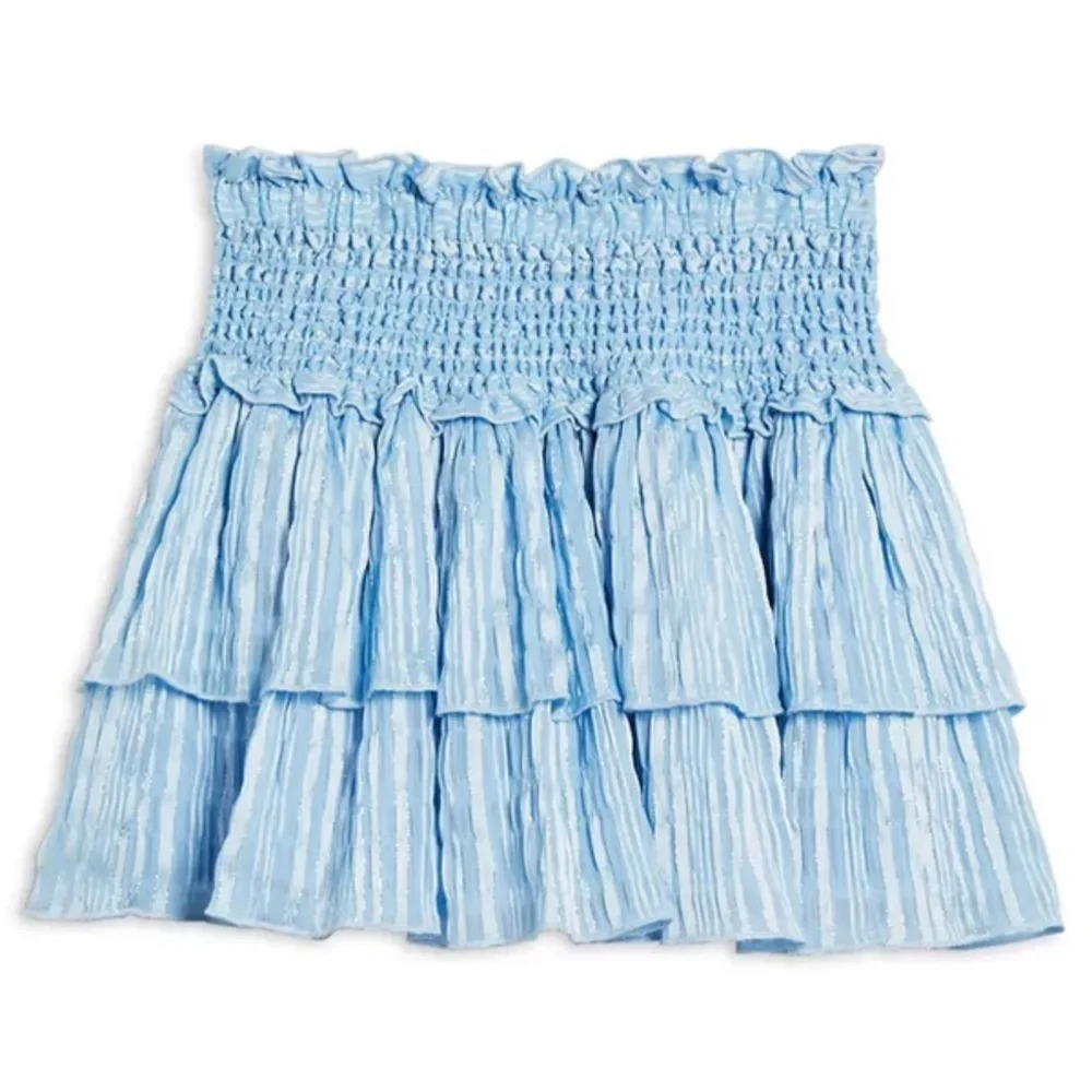 Katie J Blue Talia Smocked Tiered Ruffle Mini Skirt Large Metallic Lurex